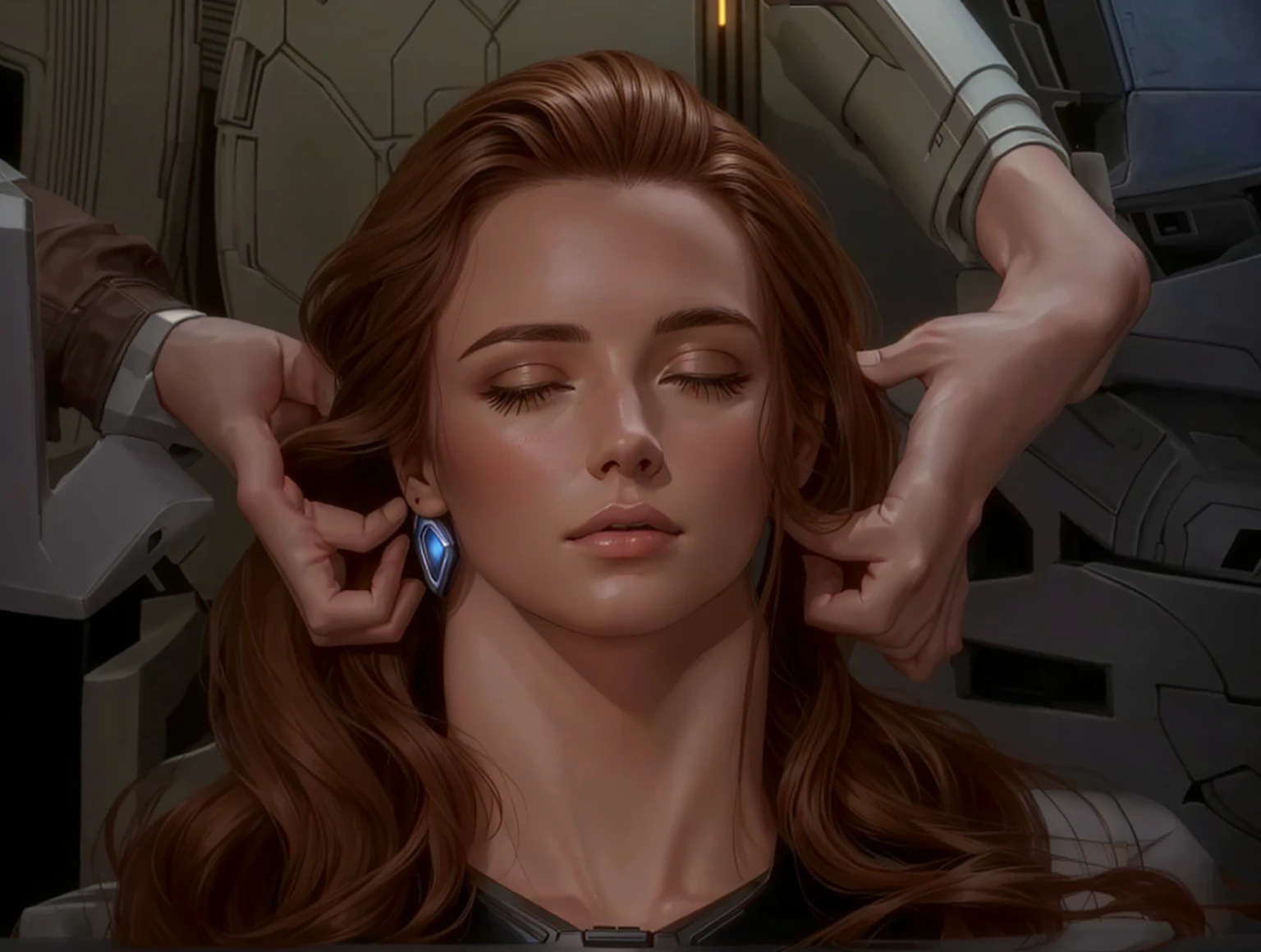 arafed woman getting her hair styled by a hairdresser, practical effects, head, in star trek the original series, in the movie lifeforce (1985), hair, hair floating covering chest, head is up, from star trek, style of the fifth element, total recall style, no head, sleek head, scene from starship, put on a mannequin