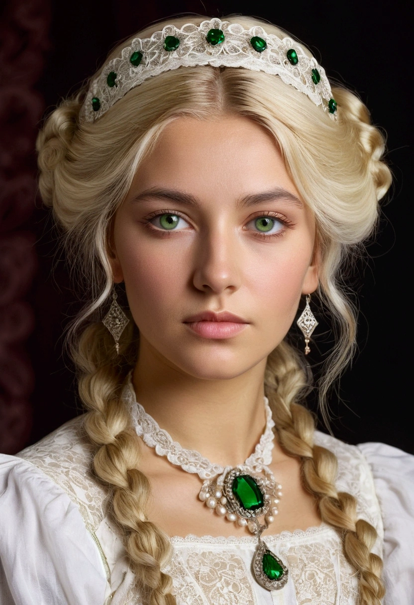 Beautiful Victorian woman of English and Apache descent, white blonde and plump green eyes, hairstyle of the time and very beautiful