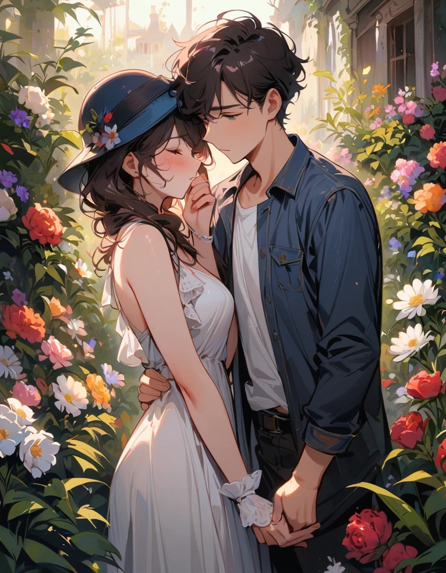 Masterpiece, girl and boy, among flowers, in the garden, shyness, red cheeks, cute, embarrassment, holding hands, roses, daisies, peonies, lupines, white sundress, hat, open shirt, sporty, beautiful, love, flower, hand covers face from being, Pre-Raphaelite, Rubric Maxim