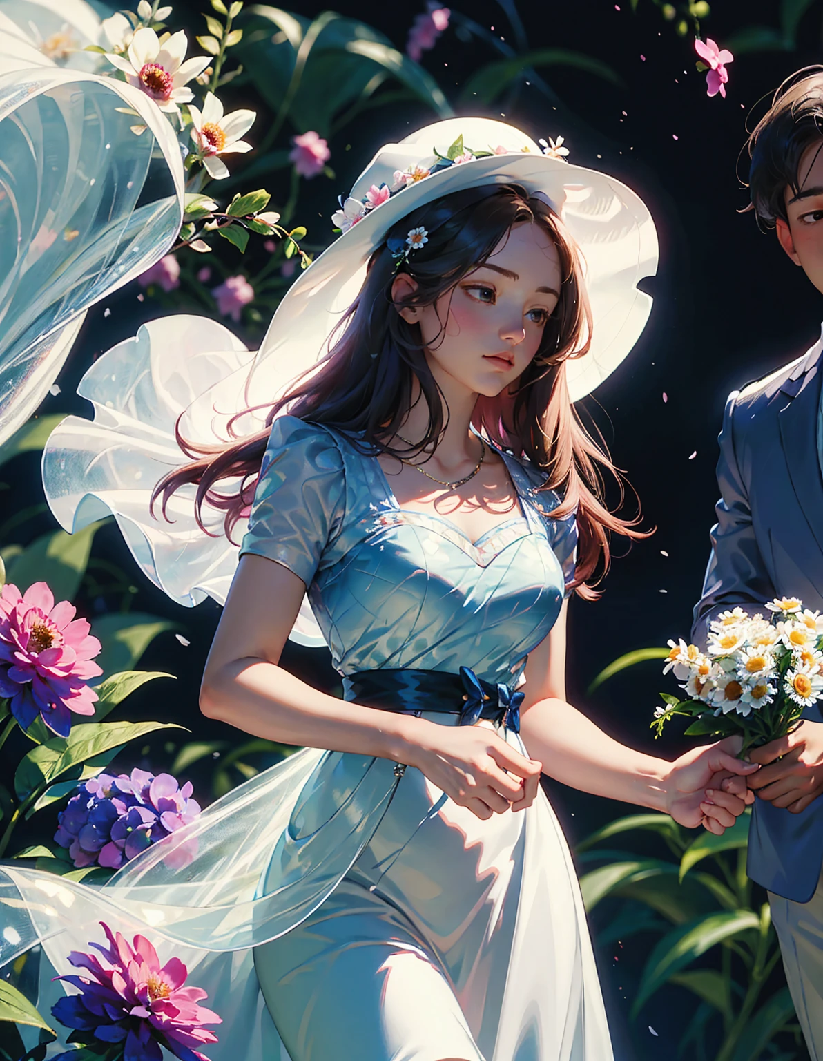 Masterpiece, girl and boy, among flowers, in the garden, shyness, red cheeks, cute, embarrassment, holding hands, roses, daisies, peonies, lupines, white sundress, hat, open shirt, sporty, beautiful, love, flower, hand covers face from being, Pre-Raphaelite, Rubric Maxim