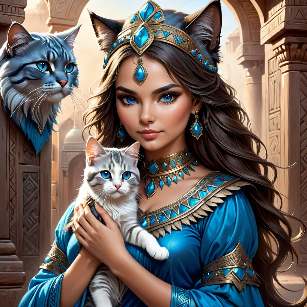 woman in blue dress holding cat, portrait, inspired by Magali Villeneuve, trends in the CG community, fantasy art, attractive cat girl, gorgeous woman, young woman with lynx head, Warrior Princess, beautiful young cat lady, beautiful woman-воин, Persian queen, Persian princess, beautiful woman, Portrait of an Aztec princess, very beautiful cute cat girl