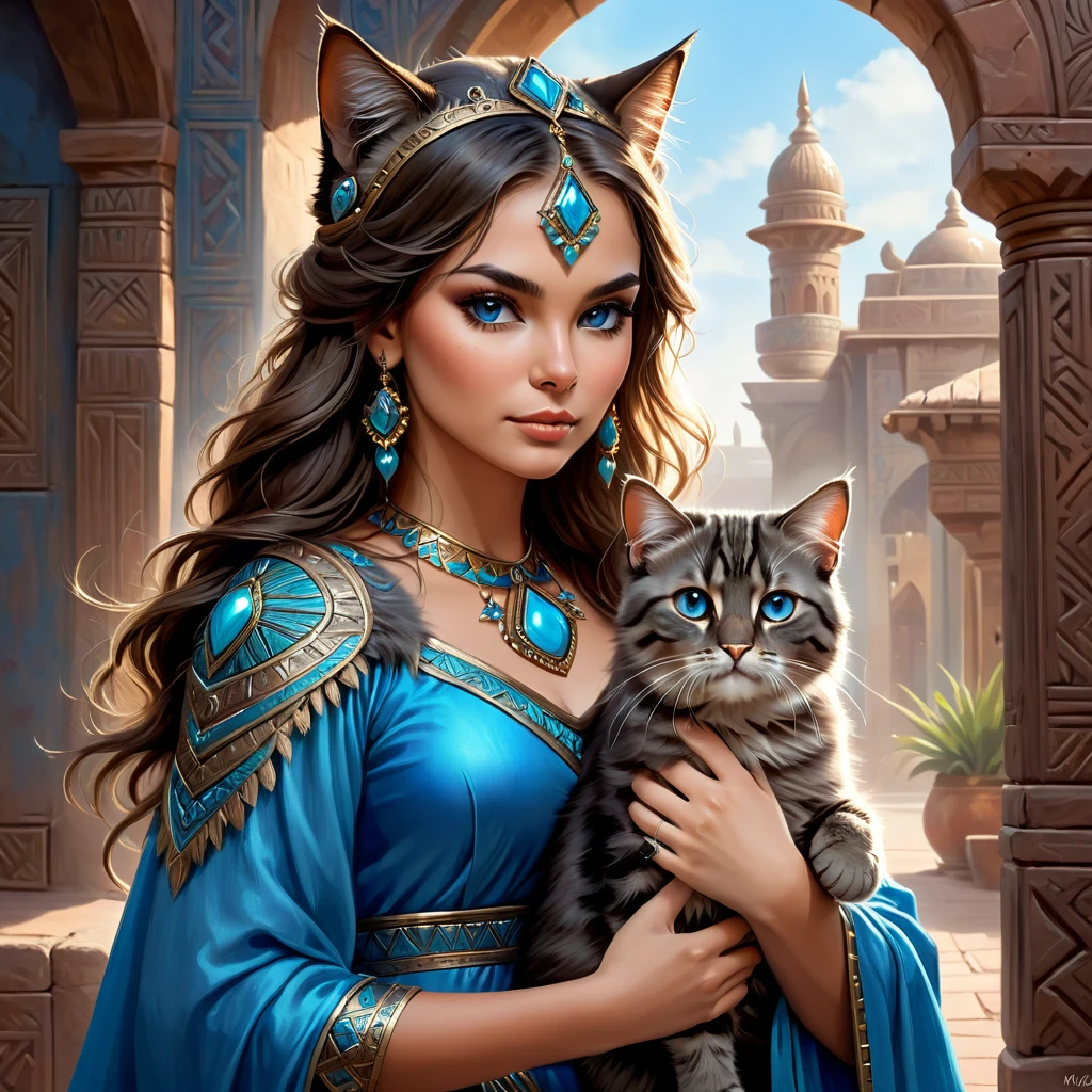 woman in blue dress holding cat, portrait, inspired by Magali Villeneuve, trends in the CG community, fantasy art, attractive cat girl, gorgeous woman, young woman with lynx head, Warrior Princess, beautiful young cat lady, beautiful woman-воин, Persian queen, Persian princess, beautiful woman, Portrait of an Aztec princess, very beautiful cute cat girl