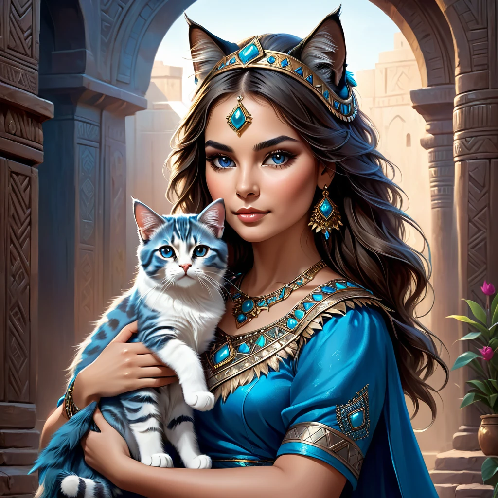 woman in blue dress holding cat, portrait, inspired by Magali Villeneuve, trends in the CG community, fantasy art, attractive cat girl, gorgeous woman, young woman with lynx head, Warrior Princess, beautiful young cat lady, beautiful woman-воин, Persian queen, Persian princess, beautiful woman, Portrait of an Aztec princess, very beautiful cute cat girl