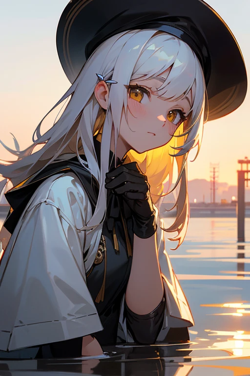 Medium Shot, Medium Shot, Depth of written boundary, bust, Upper Body, Movie angle, masterpiece, Highest quality, Very detailed, CG, 8k wallpaper, Pretty face, Delicate eyes, country々, alone, Long white hair, Yellow Eyes, hairpin, White shirt, black hooded jacket, Black baseball cap, Black Stockings, Black knee-high boots, sunset, 中世のport, port, Detailed water surface, Sun reflection