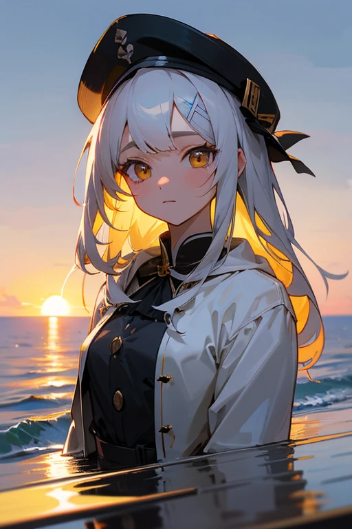 Medium Shot, Medium Shot, Depth of written boundary, bust, Upper Body, Movie angle, masterpiece, Highest quality, Very detailed, CG, 8k wallpaper, Pretty face, Delicate eyes, country々, alone, Long white hair, Yellow Eyes, hairpin, White shirt, black hooded jacket, Black baseball cap, Black Stockings, Black knee-high boots, sunset, 中世のport, port, Detailed water surface, Sun reflection