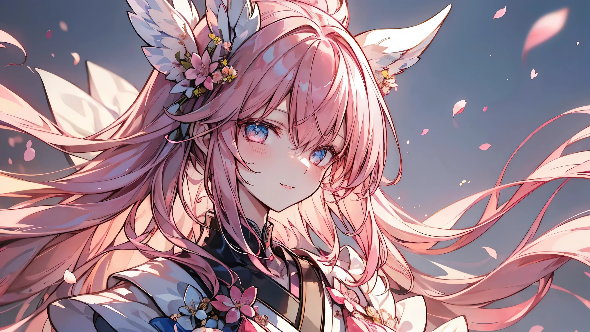 8K resolution, ((highest quality)), ((masterpiece)), ((super detailed)), (very delicate and beautiful), with a girl, solo, gentle expression, she is very(relax)with(Calm)Appearance, pink hair, Depth of the bounds written, bright smile, young expression, bright peach-colored eyes, Beautiful pink hair, beautiful background, long hair, linear art, pink kimono, Japan, Japanese Style, cherry blossomsのように輝く瞳, upper eye, wonderful eyes, cherry blossoms, cherry blossomsの木, cherry blossomsの花が舞っている, Upper body
