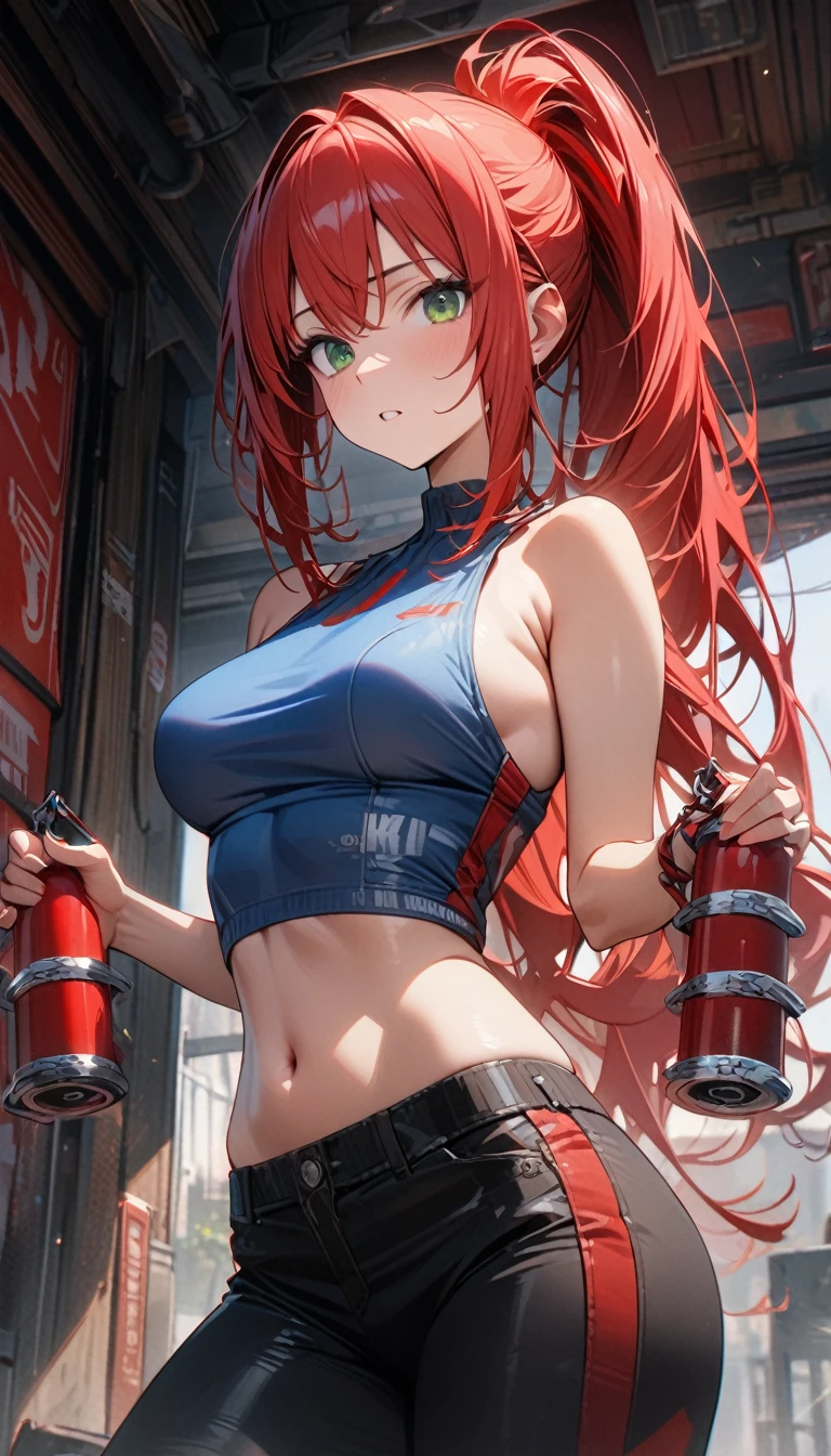 Adult girl, long red hair, high ponytail, green eyes, blue tight top, white elements, black pants, red elements, open belly, sleeveless, nunchucks, Masterpiece, best quality, Full HD, 8k, ultra details, great graphic