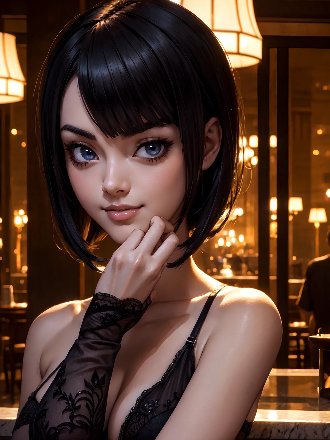 masterpiece, high quality, best quality, detailed face, detailed eyes, detailed body, detailed hands, detailed fingers, very clear, black lingerie, revealing lingerie, hotel background, seductive pose, hands behind head, smirk, tmavis,