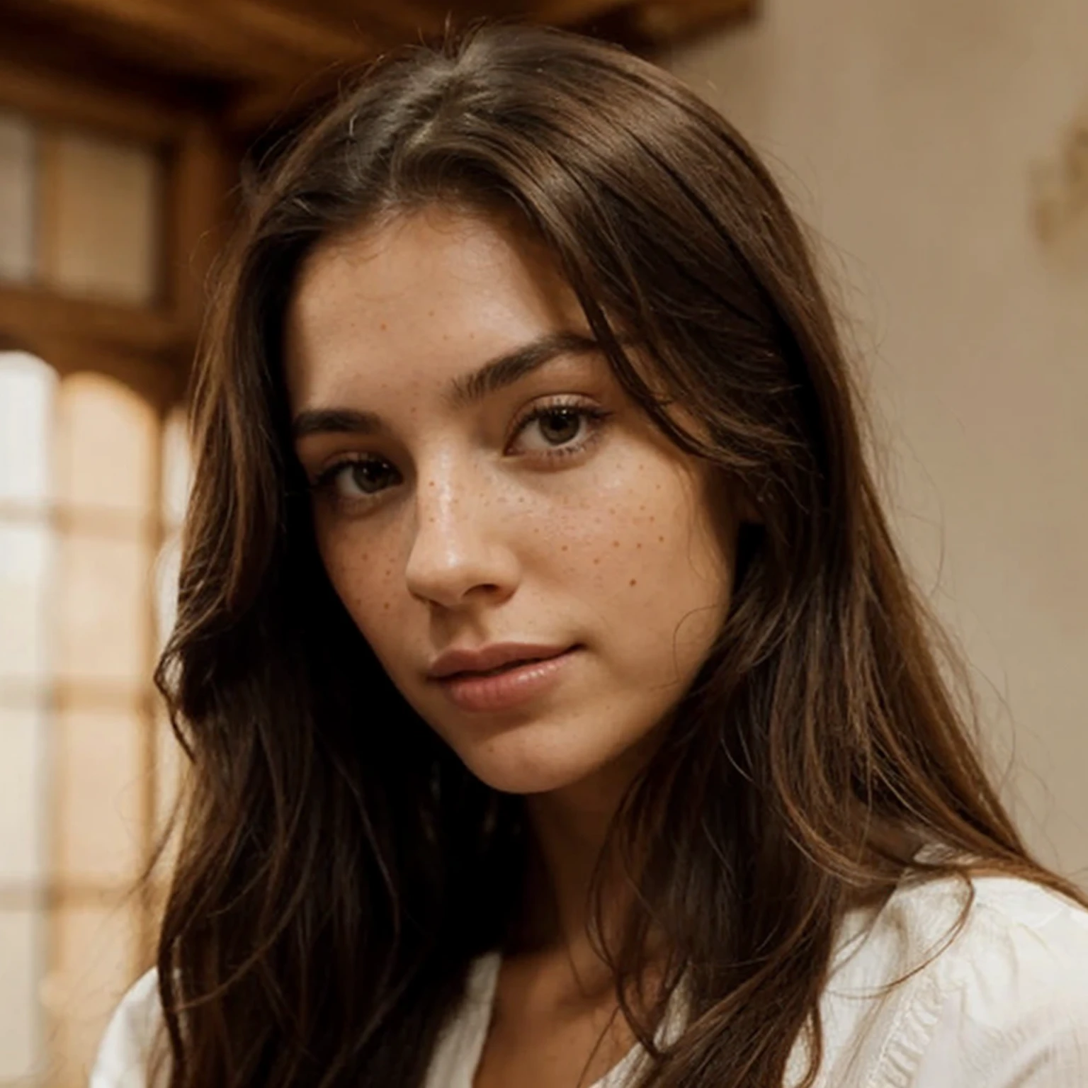 Spanish beauty, woman, freckles, very long hair, sweet, calm, impertinent