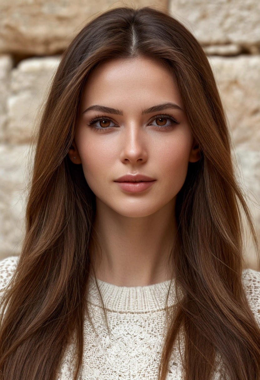 28 year old girl with Brown hair and Brown eyes, happy, Joyful expression, closed mouth, Handsome lips, very thin nose, complex parts, shallow depth of field, Very detailed, high budget, fabulous, Head'piece of art, principal, professional, Very detailed, Detailed leather texture, (blush: 0.5), (goosebumps: 0.5). (the most Handsome woman in the world) (Brown hair) (long straight hair, wild hair, elegant cut) visage stuffing, very thin nose, Handsome, very Handsome, perfect face, stuffing body (stuffing), (Brown hair) (Brown eyes ) (White skin) Beautiful face, western wall, confident eyes, Russian beauty, ((Best quality)), ((ultra resolution)), ((photorealistic: 1.4)), (complex parts), Make up: 1.5 , makeup Claire, Detailed faces. vue standing Photoréaliste, Sharpness, Photo of cattle, Amateur photo., standing, in black high heels, oversized sweater, pores de peau détaillés & Face texture, pores, (goosebumps:0.7), dynamic pose, look at the viewer, Facial focus, Filmed on a mobile camera, granularity