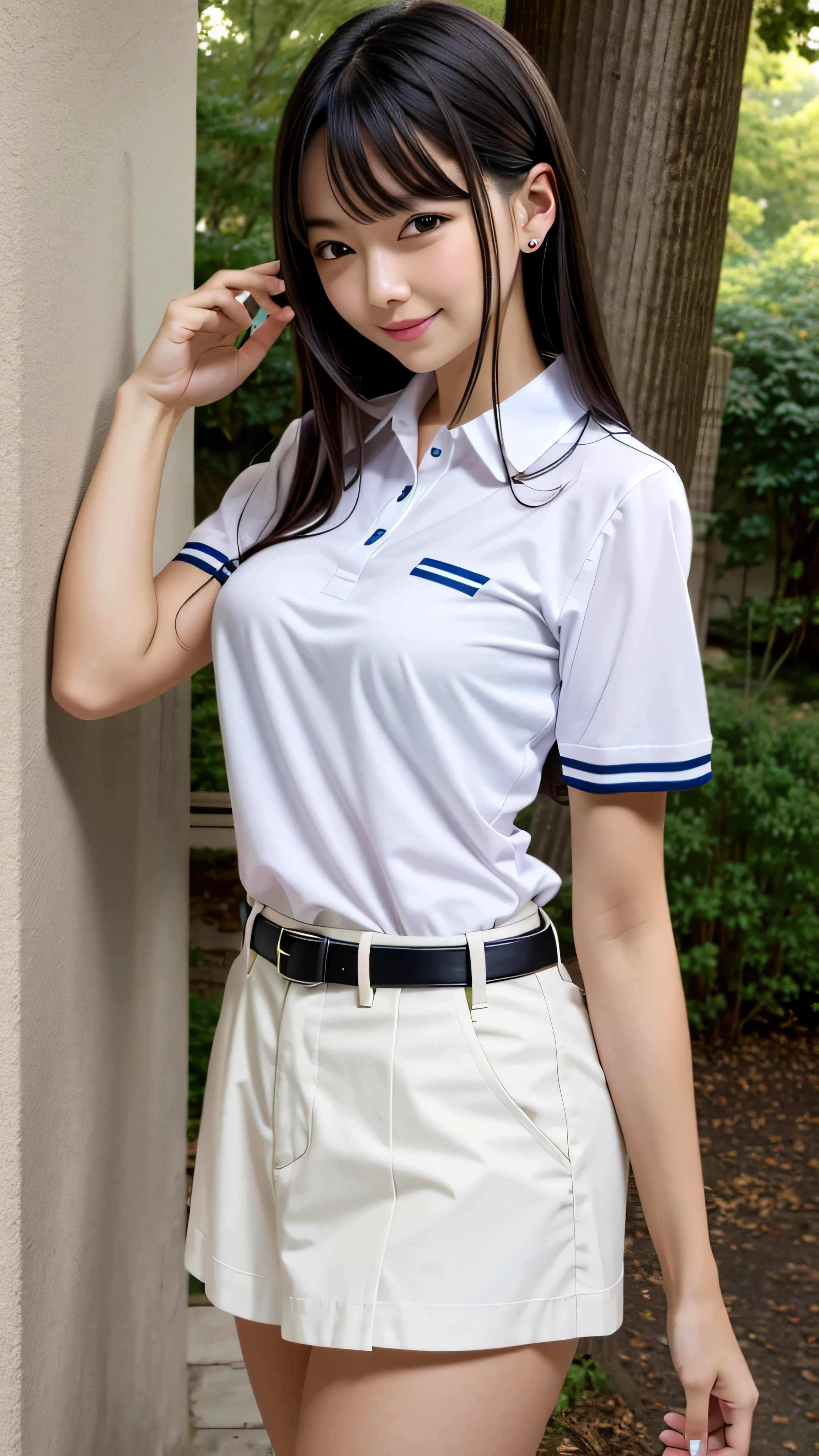 ((best quality)), ((masterpiece)), (details), one girl, sexy ((best quality)), ((masterpiece)), (details), one girl, sexy ((best quality)), ((masterpiece)), (details), one girl, full body, sexy expensive body, expensive, long legs, mature woman, mature, adult, it_nagatoro_main, Hayase Nagatoro, one girl, blushing, alone, uniform polo shirt, short sleeves, black hair,brown eyes, hair accessory, looking at viewer, hair clip, smiling, long hair, dark skinned woman, dark skin, , bangs, daytime, skirt, collared shirt, collarbone, ear clip, mouth closed, tree, asymmetrical bangs, upper body