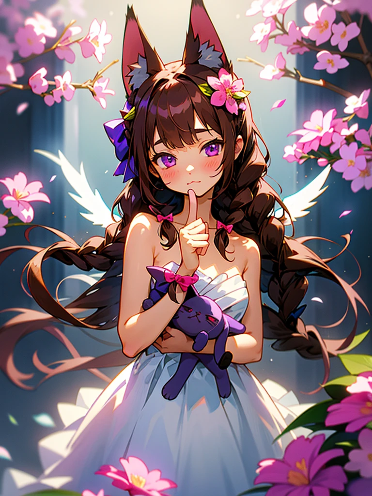 1girl, naked, animal ears, purple eyes, brown hair, wings, solo, long hair, blush, cat ears, flowers, looking at viewer, braids, bows, dresses, pink flowers, bows, hair accessories, bangs, cats, hair flower, animal ear hair, holding, virtual youtuber, blue bow, holding animal, catwoman, stuffed toy