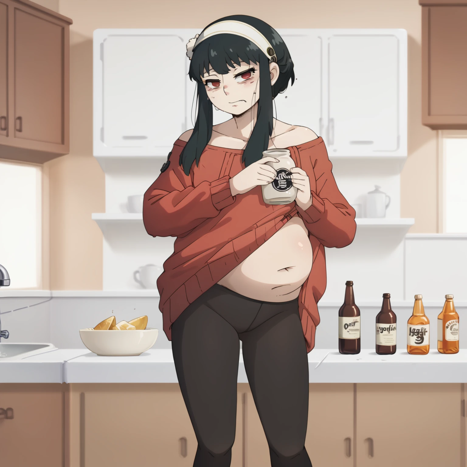looking at viewer, solo, YorForger,1girl, ((nude)), ((belly stuffed)), ((no panties)), ((very drunk)), ((staggers)), black hair, red eyes, short hair with long locks, white hairband, off shoulder, ((red sweater)), black pantyhose, ((drank too much)), ((exhausted)), ((agitated)), ((in front of a fridge)), ((open fridge)), ((lean on the fridge)),