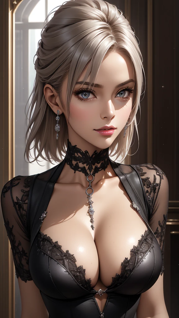  Beautiful sexy cool edgy  tall, slim, fit woman, intricate and highly detailed, big firm heavy breasts, deep cleavage, bob silver hair, body chain, diamond jewelry, sparkly, shiny, wlop, round premium , sexy , amazing boobies