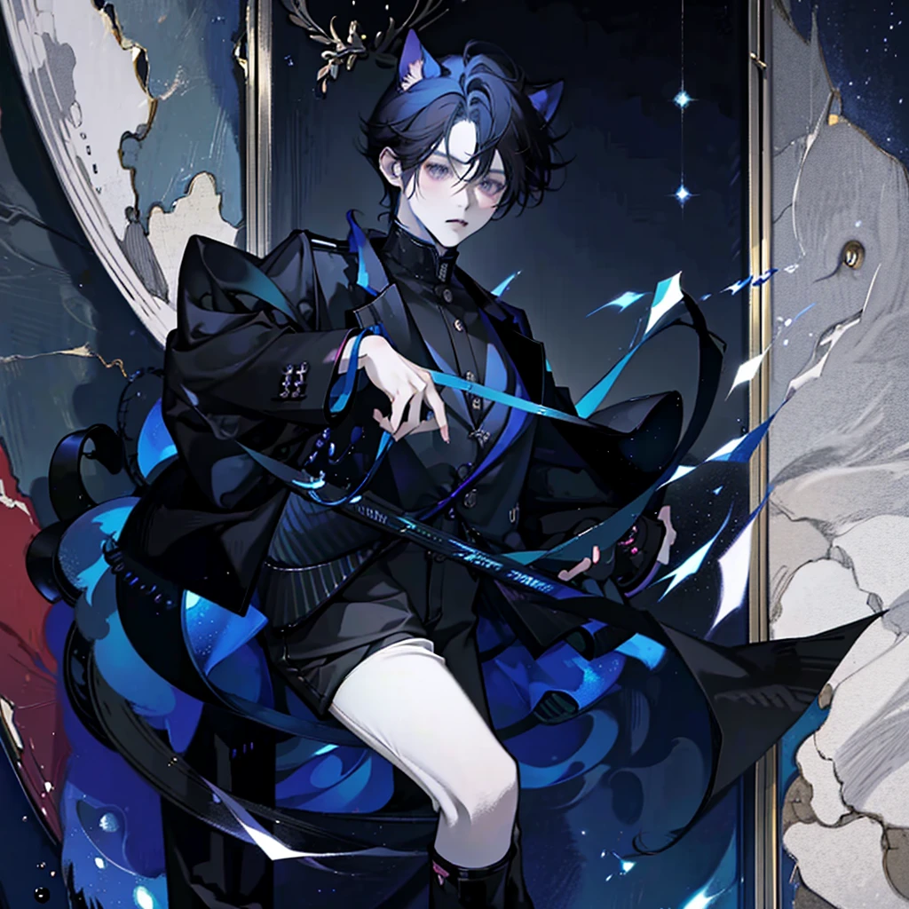 1cat boy, anime cat boy with black cat ears black hair and black pants and a black jacket, blue eyes, high res, masterpiece, tall, steraming, steraming game, in the room, play games