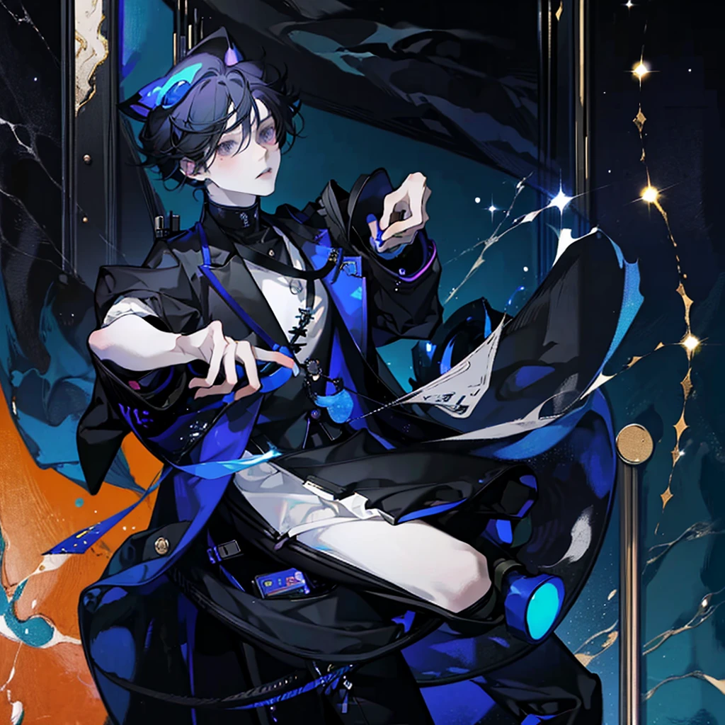 1cat boy, anime cat boy with black cat ears black hair and black pants and a black jacket, blue eyes, high res, masterpiece, tall, steraming, steraming game, in the room, play games
