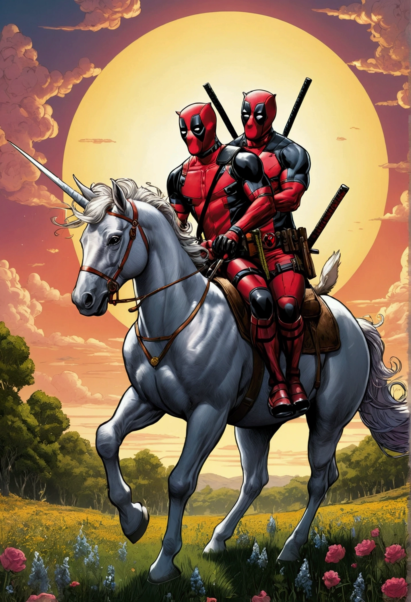 Masterpiece, of the highest quality, approaching perfection, (high detail:1.1), dramatic, Deadpool with wolverine riding a unicorn together, one after another. the unicorn trotting through a meadow, carrying the characters on his mount, comic style.