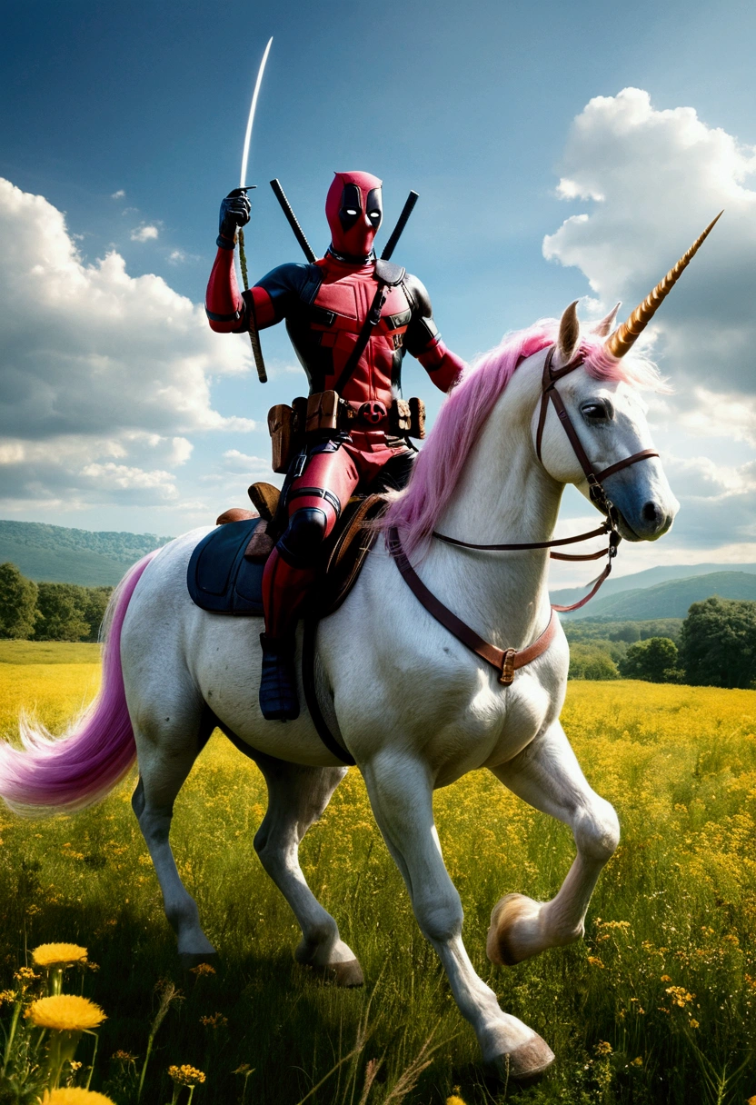 Masterpiece, of the highest quality, approaching perfection, (high detail:1.1), dramatic, Deadpool with wolverine riding a unicorn together, one after another. the unicorn trotting through a meadow, carrying the characters on his mount, comic style.