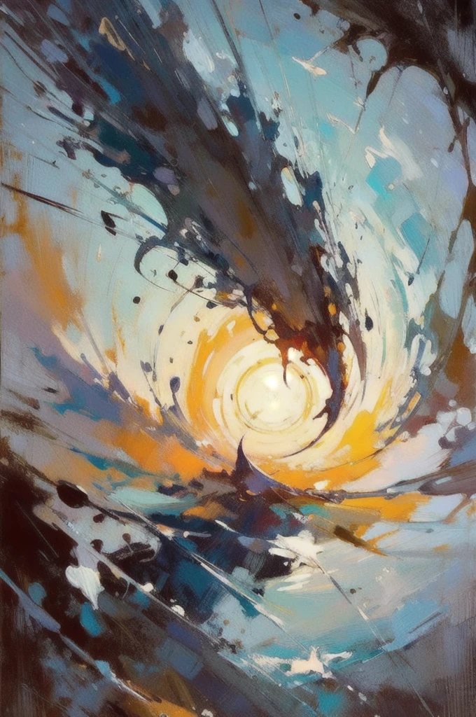 Inseen creative masterpice abstract Oil-coloured painting on canvas, made with palette knife technic, twister shaped shoal of small silver shinning lines, silver light lines in twister calm spin. underwater reflections, seen from below, flow harmoniously from below in a spiral motion against the background of the sun seen from under the water, illuminating the water behind the silver tornado shape shoal of silver light, small Fisher seen as silver lights lines in spiral calm movemet boucing lines, raw details, rawnbrush strokes, seen from under the water, melted away blurred by woter sun anf rays refracting in ultra-clear water, shades of navy blue and turquoise Adriatic Sea Makarska Riviera,