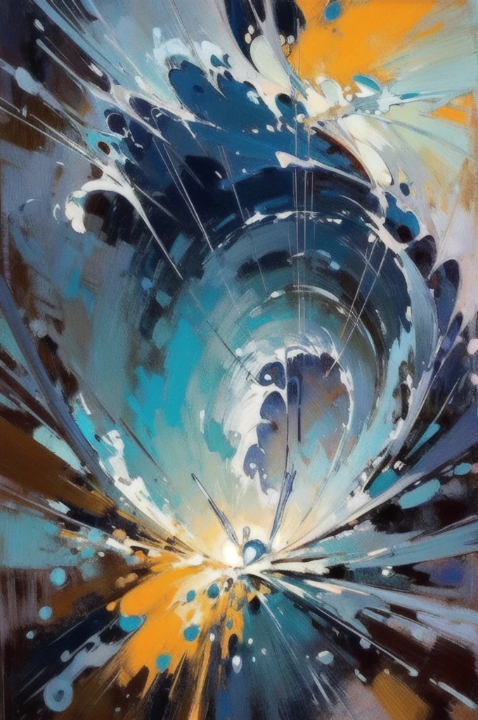Inseen creative masterpice abstract Oil-coloured painting on canvas, made with palette knife technic, twister shaped shoal of small silver shinning lines, silver light lines in twister calm spin. underwater reflections, seen from below, flow harmoniously from below in a spiral motion against the background of the sun seen from under the water, illuminating the water behind the silver tornado shape shoal of silver light, small Fisher seen as silver lights lines in spiral calm movemet boucing lines, raw details, rawnbrush strokes, seen from under the water, melted away blurred by woter sun anf rays refracting in ultra-clear water, shades of navy blue and turquoise Adriatic Sea Makarska Riviera,