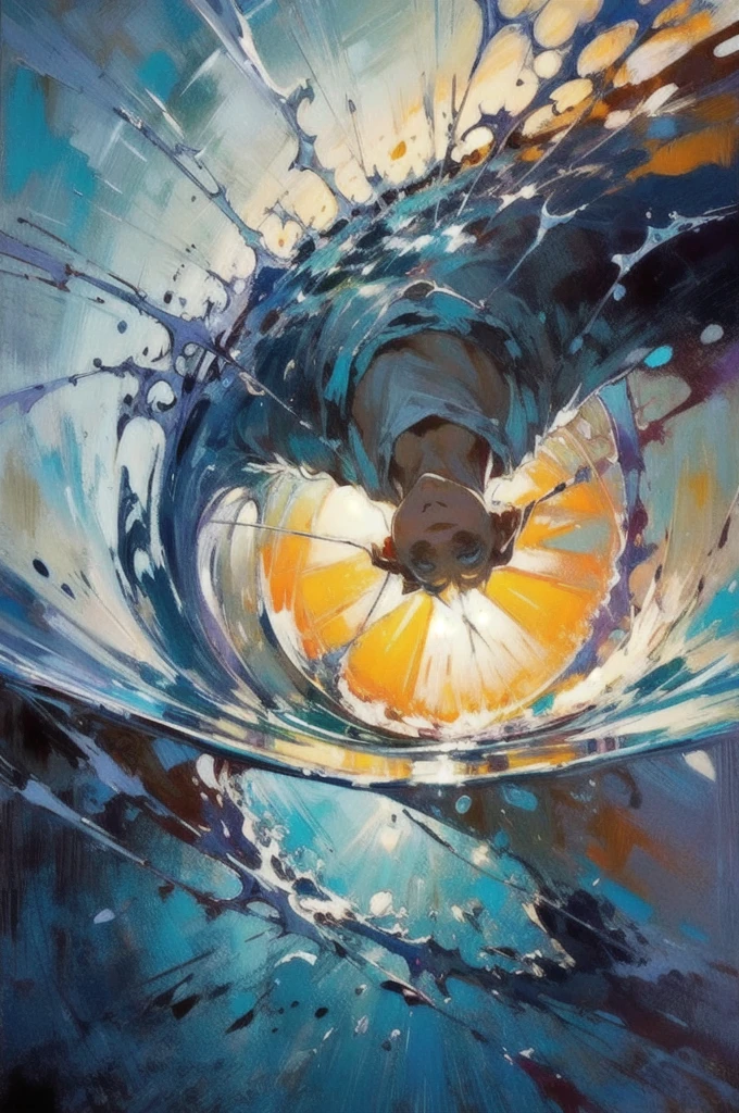 Inseen creative masterpice abstract Oil-coloured painting on canvas, made with palette knife technic, twister shaped shoal of small silver shinning lines, silver light lines in twister calm spin. underwater reflections, seen from below, flow harmoniously from below in a spiral motion against the background of the sun seen from under the water, illuminating the water behind the silver tornado shape shoal of silver light, small Fisher seen as silver lights lines in spiral calm movemet boucing lines, raw details, rawnbrush strokes, seen from under the water, melted away blurred by woter sun anf rays refracting in ultra-clear water, shades of navy blue and turquoise Adriatic Sea Makarska Riviera,