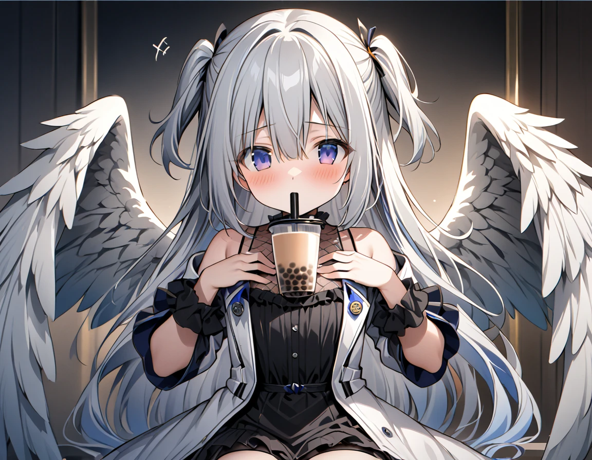 best quality,ultra detailed,extremely detailed and beautiful,perfect anatomy,perfect hands,(amane kanata)+++, angel, angel_wings, asymmetrical hair,silver hair,mesh (blue), very long hair, two side up,flat chest,(black frill dress)+,black gloves, (white jacket)+++,opened jacket,asymmetrical legwear,bubble tea challenge,(Support the breast with both hands), breast on tea,