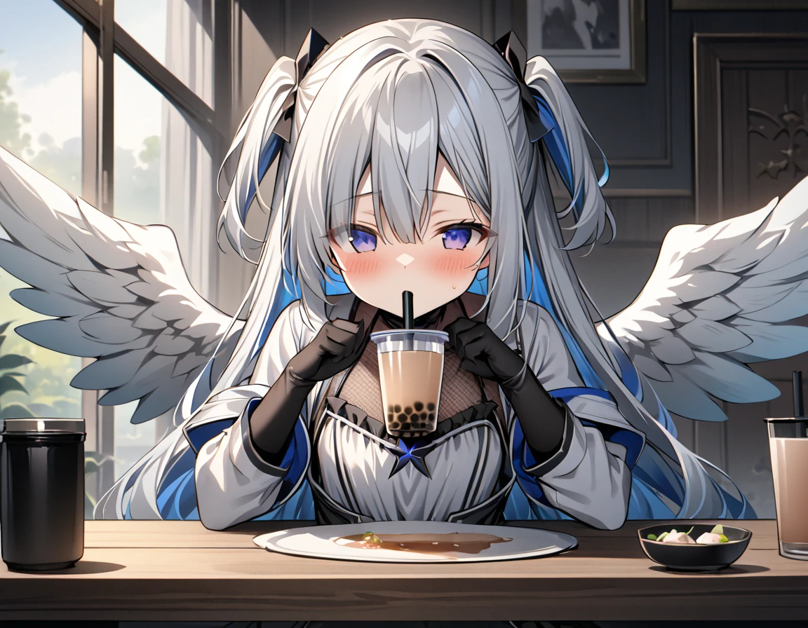 best quality,ultra detailed,extremely detailed and beautiful,perfect anatomy,perfect hands,(amane kanata)+++, angel, angel_wings, asymmetrical hair,silver hair,mesh (blue), very long hair, two side up,flat chest,(black frill dress)+,black gloves, (white jacket)+++,opened jacket,asymmetrical legwear,bubble tea challenge,(Support the breast with both hands), breast on tea,