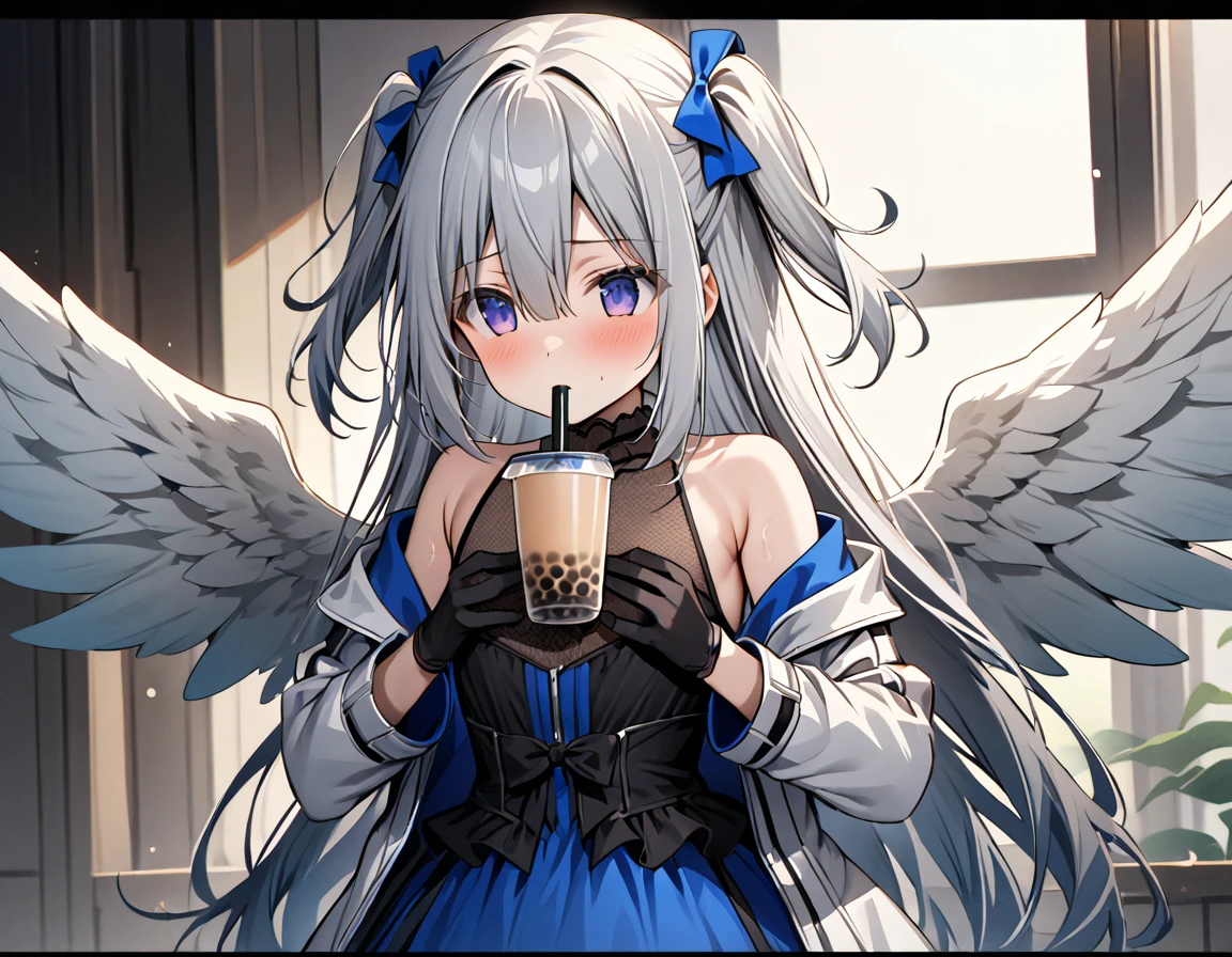 best quality,ultra detailed,extremely detailed and beautiful,perfect anatomy,perfect hands,(amane kanata)+++, angel, angel_wings, asymmetrical hair,silver hair,mesh (blue), very long hair, two side up,flat chest,(black frill dress)+,black gloves, (white jacket)+++,opened jacket,asymmetrical legwear,bubble tea challenge,(Support the breast with both hands), breast on tea,