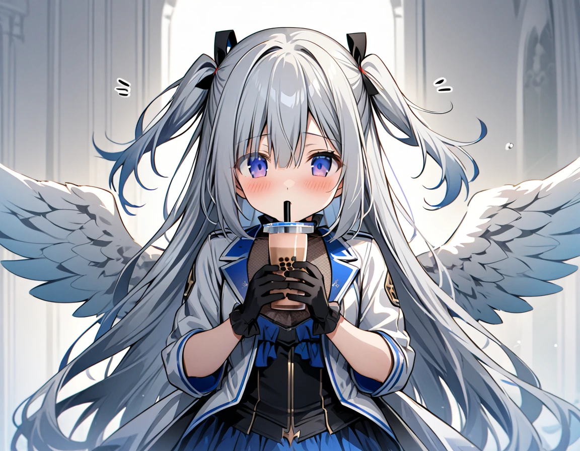 best quality,ultra detailed,extremely detailed and beautiful,perfect anatomy,perfect hands,(amane kanata)+++, angel, angel_wings, asymmetrical hair,silver hair,mesh (blue), very long hair, two side up,flat chest,(black frill dress)+,black gloves, (white jacket)+++,opened jacket,asymmetrical legwear,bubble tea challenge,(Support the breast with both hands), breast on tea,