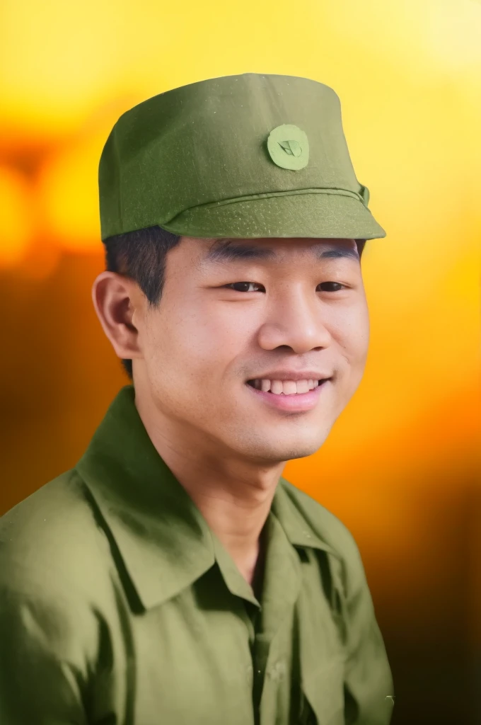 RAW photo of a 30 year old man, wearing a green Vietnamese army shirt, Asian, short black hair, real face, real skin, (photorealistic:1.4), (high detail soft skin:1.2 ), 8k uhd, dslr, soft light, high quality, grain film, Fujifilm XT