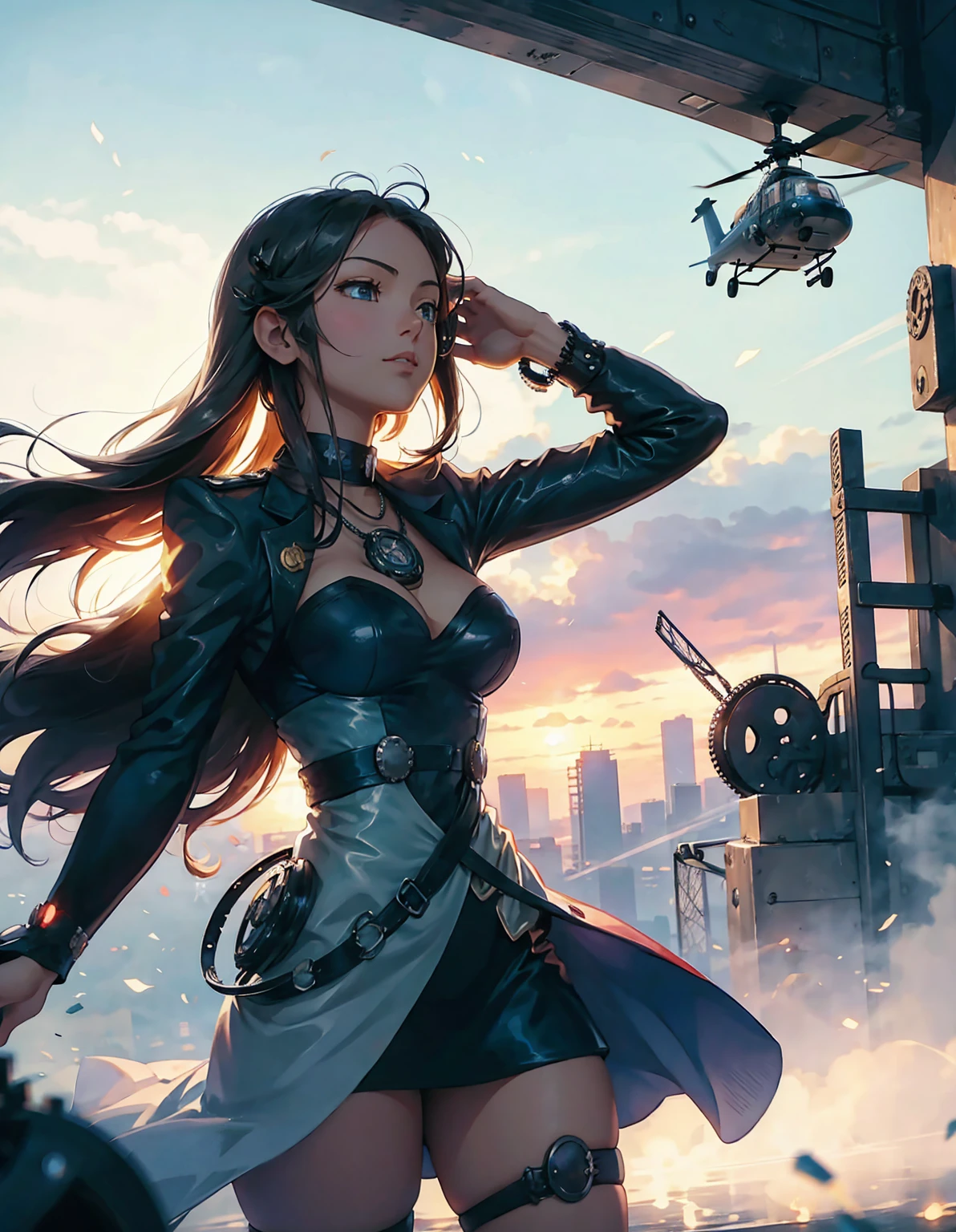 anime style, In a steampunk world, a helicopter powered by steam and gears flies above the city, BREAK passing over the head of a girl standing on a hilltop. She looks up at the massive machine with eyes full of surprise and admiration, BREAK her gaze reflecting a longing for adventure and hope for the future. The surroundings are quiet, with only the occasional sound of the helicopter's blades carried by the wind.