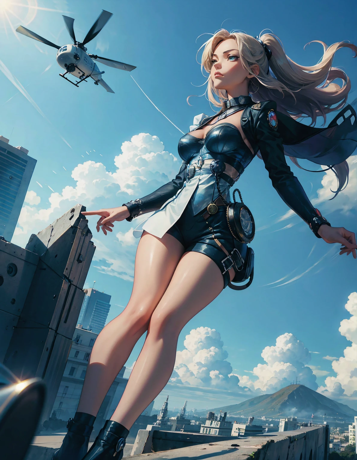 anime style, In a steampunk world, a helicopter powered by steam and gears flies above the city, BREAK passing over the head of a girl standing on a hilltop. She looks up at the massive machine with eyes full of surprise and admiration, BREAK her gaze reflecting a longing for adventure and hope for the future. The surroundings are quiet, with only the occasional sound of the helicopter's blades carried by the wind.