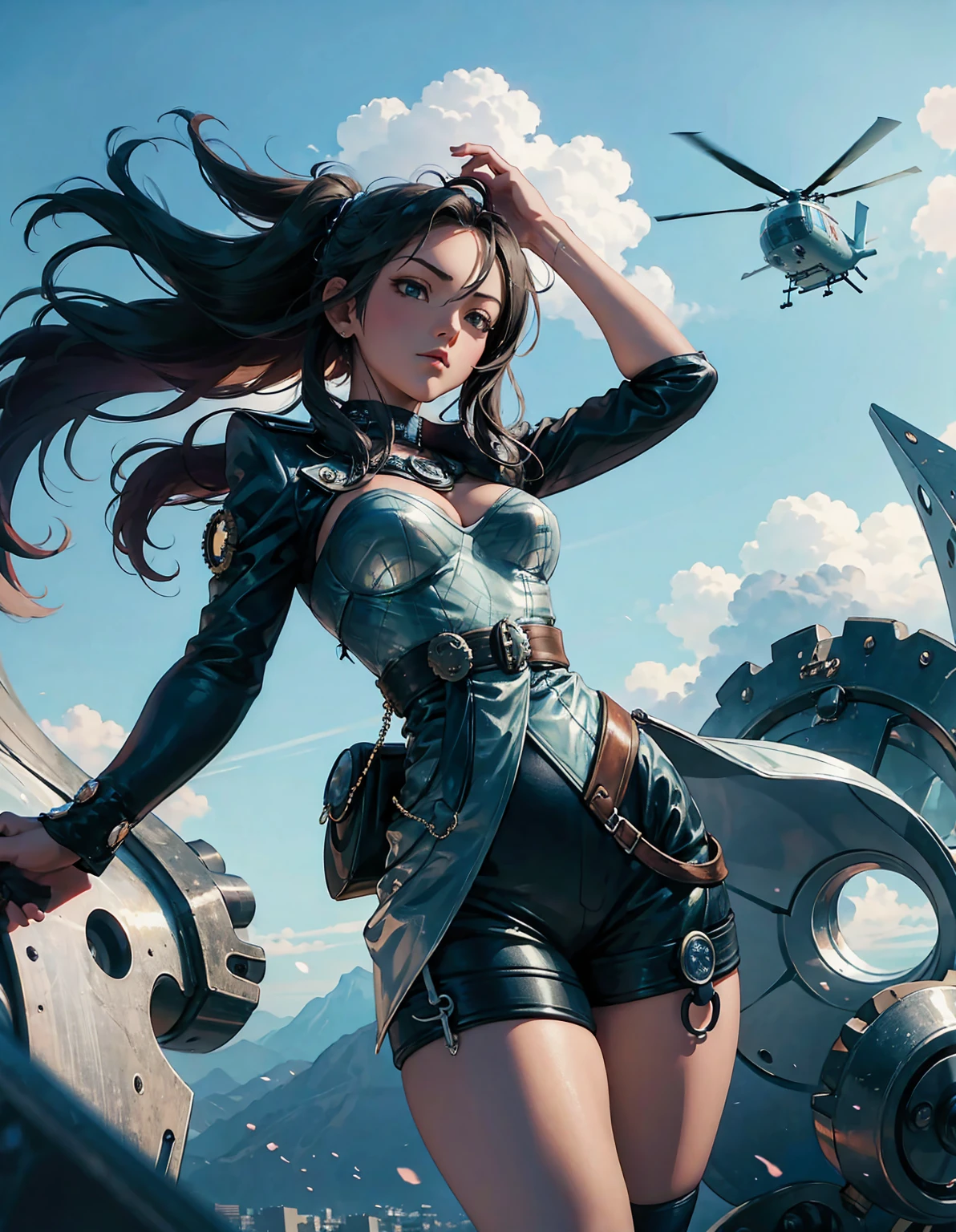 anime style, In a steampunk world, a helicopter powered by steam and gears flies above the city, BREAK passing over the head of a girl standing on a hilltop. She looks up at the massive machine with eyes full of surprise and admiration, BREAK her gaze reflecting a longing for adventure and hope for the future. The surroundings are quiet, with only the occasional sound of the helicopter's blades carried by the wind.