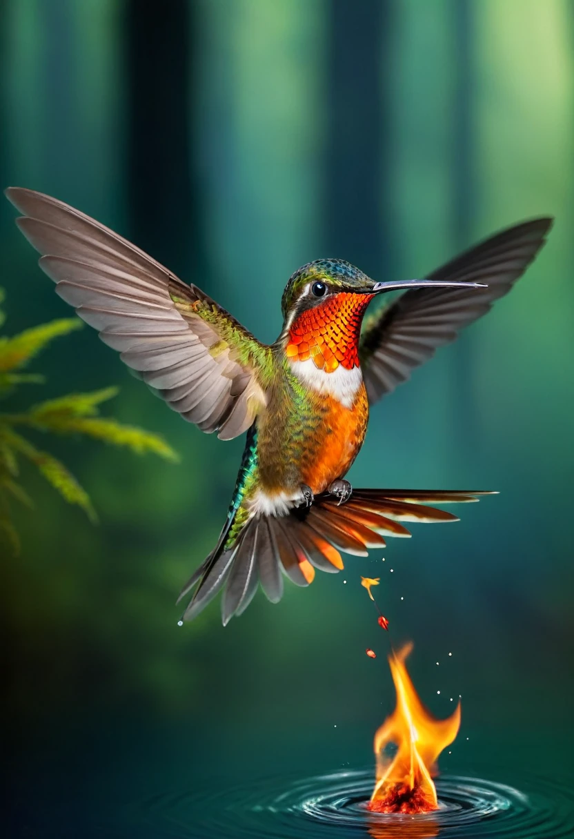 A hummingbird flying through a burning forest with water in its beak.