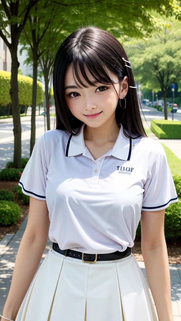 ((best quality)), ((masterpiece)), (details), one girl, sexy ((best quality)), ((masterpiece)), (details), one girl, sexy ((best quality)), ((masterpiece)), (details), one girl, full body, sexy expensive body, expensive, long legs, mature woman, mature, adult, it_nagatoro_main, Hayase Nagatoro, one girl, blushing, alone, uniform polo shirt, short sleeves, black hair,brown eyes, hair accessory, looking at viewer, hair clip, smiling, long hair, dark skinned woman, dark skin, , bangs, daytime, skirt, collared shirt, collarbone, ear clip, mouth closed, tree, asymmetrical bangs, upper body