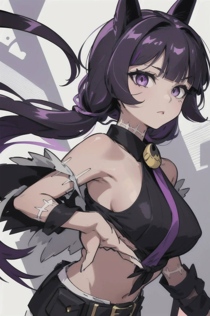 create a character with tied hair and her hair color is black with two purple streaks, her right eye is light purple and the other is black.