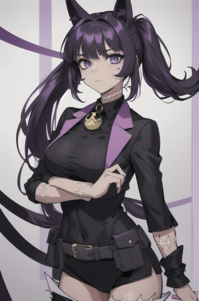 create a character with tied hair and her hair color is black with two purple streaks, her right eye is light purple and the other is black.