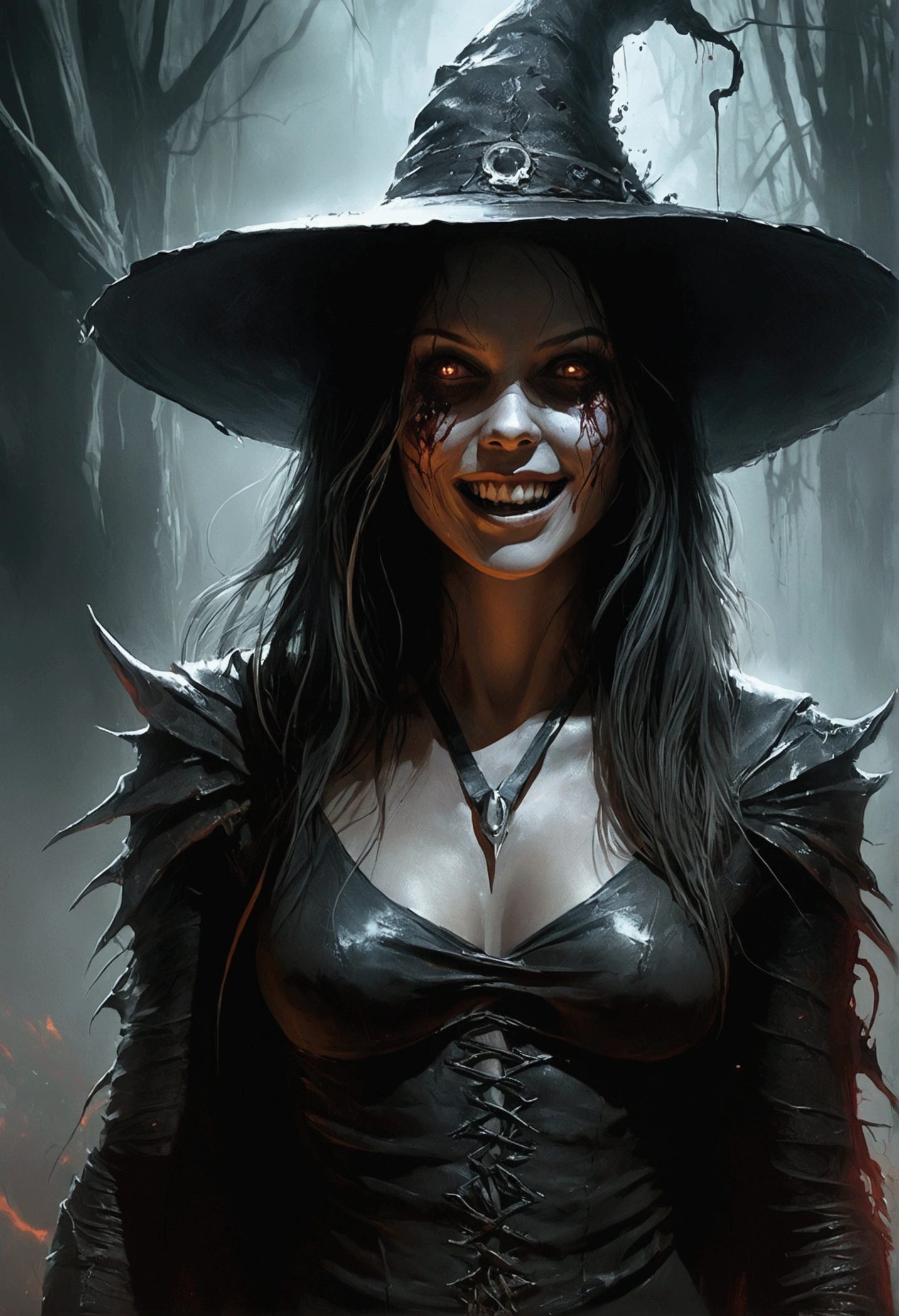 Une peinture d’une sorcière avec un chapeau pointu, Carnage, Science-fiction - Art d'horreur et de fiction, Oeuvre d'horreur de science-fiction, inspiré par Aleksi Briclot, femme, de Carnage, art fantastique d'horreur, par Aleksi Briclot, art conceptuel d'horreur, venin, Art fantastique et horreur, Illustration détaillée de l'horreur 4K, Sourire, art d'horreur sombre