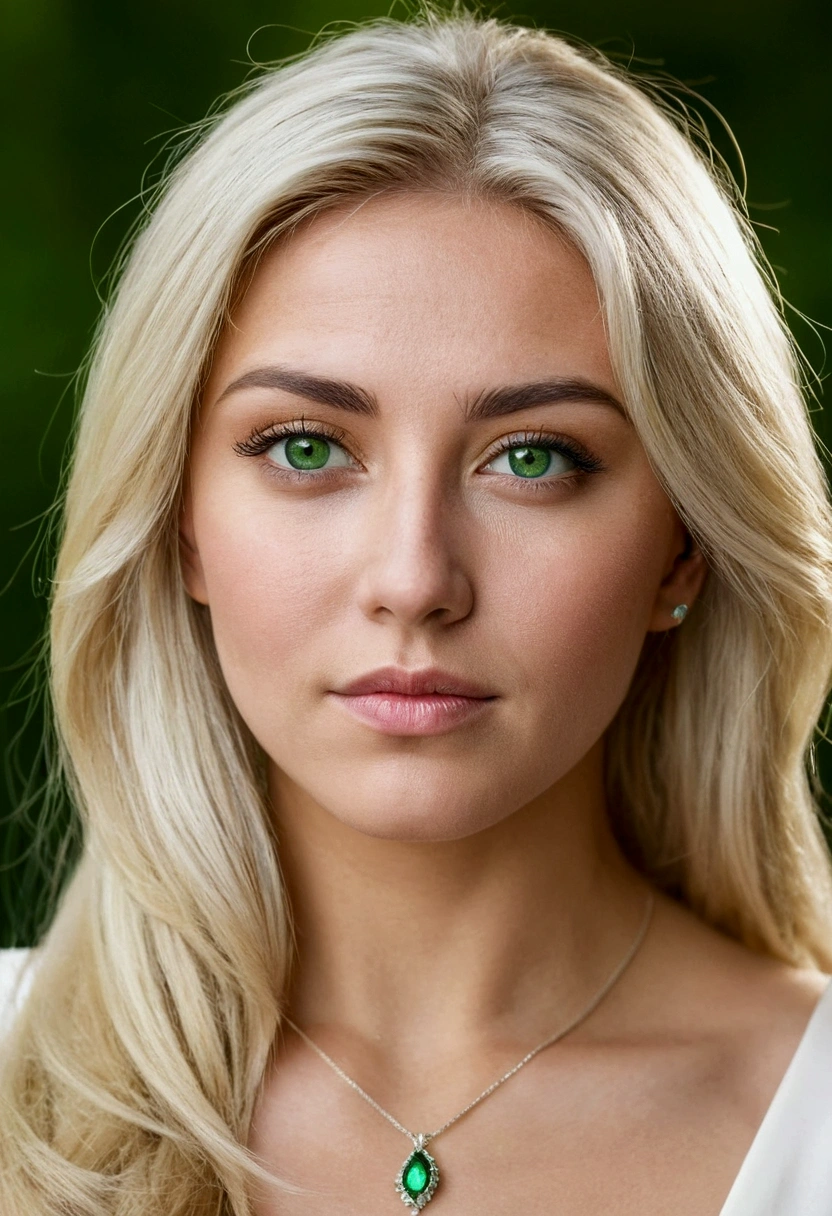 Very beautiful white blonde woman of English and Apache descent green eyes dressed humbly with simple hairstyle very beautiful but slightly chubby