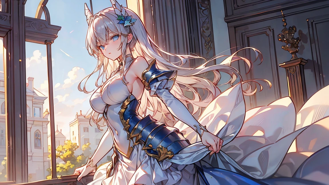 ​masterpiece, top-quality, One Young Woman Knight、Beautiful fece、Rin々Right、Beautiful face、beautidful eyes、25-years old、Silver Half Plate and Dress Armor、Gorgeous blonde、long、blue eyes、thoughtful、White horse、magical fantasy、in isekai、Medieval Europe、((FULL BODYSHOT))、Dynamic angles、
