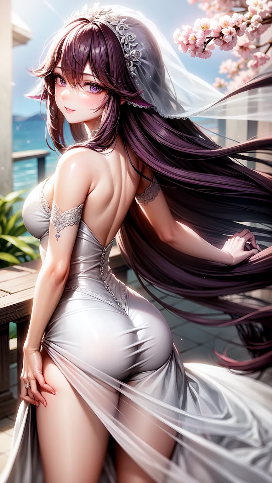 Purple eyes,wedding dress,falda larga,top corto,cabello rosa