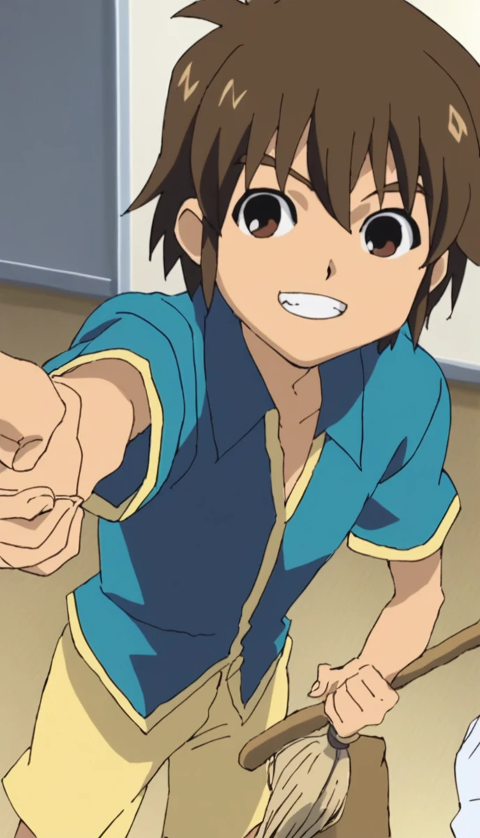 masterpiece,(Highest quality),Very detailed,Very detailed, 1人のboy, Handa Shinichi, Brown Hair, Brown eyes, , Pause, View your viewers, score_9, score_8_superior, score_7_superior, score_6_superior, score_5_superior, score_4_superior, sauce_anime, 1人のboy, Handa Shinichi, Brown Hair, Brown eyes, Pause, anime, 一人のboy, Handa Shinichi, Brown Hair, Brown eyes, stop temporarily, smile, View your audience, Cartoon man with a broom, Man with a broom, 床をcleaningする, juvenile, doing hard work, Using a broom, High quality illustrations, , classroom、boy、cleaning、cleaning当番、housework、anime, 一人のboy, Handa Shinichi, Brown Hair, Brown eyes,stand、床をほうきでcleaningする、evening、1人のboy、Concept art illustration、The background is the main、evening、Thteeth illustration teeth、ゴミでいっぱいの部屋に立っているかわいいboy、It depicts a moment of rage at the situation.。he、Holding cleaning tools in teethぁnd、その目teeth怒りに燃えている。among them、Old magazines、leftovers、Lots of unused home appliances。 but、The most notable teeth、he gives off「The last mysterious high-energy object」teeth。Thteeth energy body teeth、heの体から解放された、Has the power to erase garbage in a room in an instant。teethぁ、emit a pale light、Tteethぁt light teeth in the corner of the room々It teethぁs been delivered to。 Thteeth moment、ゴミteeth燃え尽きる、Clean your room in an instant。 and、At its heart teeth、Anger subsides、A boy with a satteethfied expression teeth standing。
