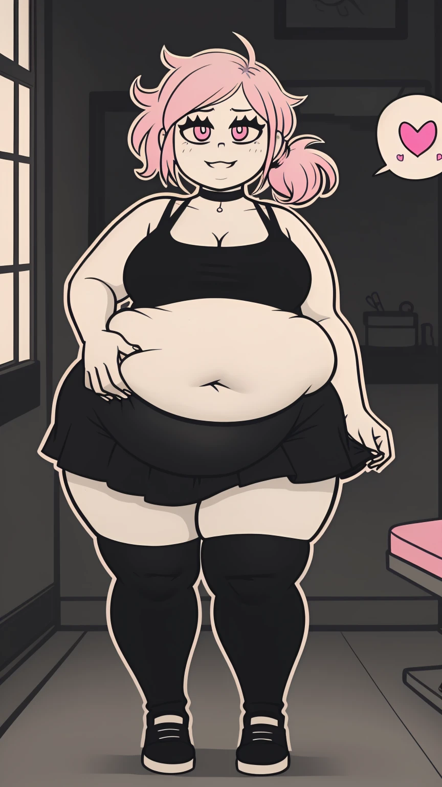 Sunkissed skin all over, pink eyes, Thicc, extremely morbidly obese, pink and white hair, ((wearing)), black 50s glasses, white tanktop, black leggings, voluptuous, feminine boy, femboy, perfect hands, perfect face, smile, (anatomically correct), (Perfect/ realistic proportions:1.2), (overwhelmingly fat arms, obese face), arm up, ((extremely widest hips possible!)), ((extremely massive thick thighs, morbidly large belly), belly overhang!)), (1080P, 4k UHD, Masterpiece:2.1!) ((single)), background: tilted towers_fortnite