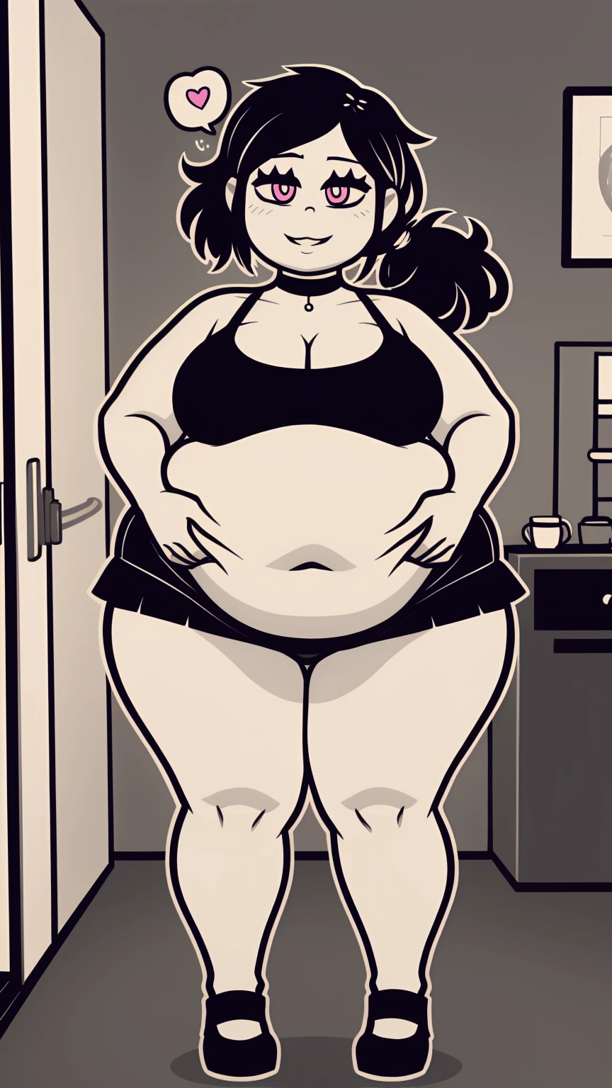 Morbidly obese, full body(Bloated belly:1.1)highres, ashleygraves, 1girl, solo, wide open eyes, pink eyes, low ponytail, white outline, monochrome, choker, indoors, smile, looking at viewer, <3, full body, thumb up, one hand, spoken heart