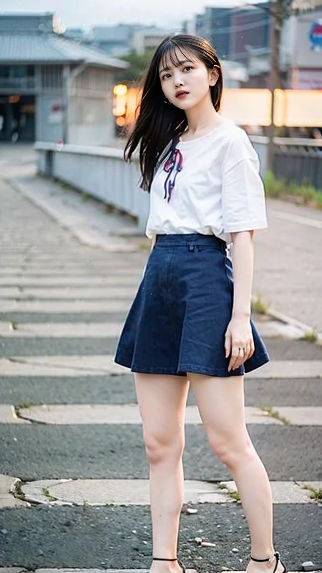 (8k、born、Professional、Highest quality、masterpiece:1.2)、(Genuine、Realistic:1.37)、Very detailed、(18-year-oldの女性のポートレート)、(expensiveest Detail Skin:1.2)、(expensiveest detail face:1.2)、1 Female、18-year-old、(View your audience)、Black Hair、Long Hair、expensive 、日本の高bornセーラー服の、Navy blue ribbon around neck、The wind blew up her pleated miniskirt., Revealing white lace panties.、Sunset sky、The cityscape at dusk can be seen in the distance、Golden Hour