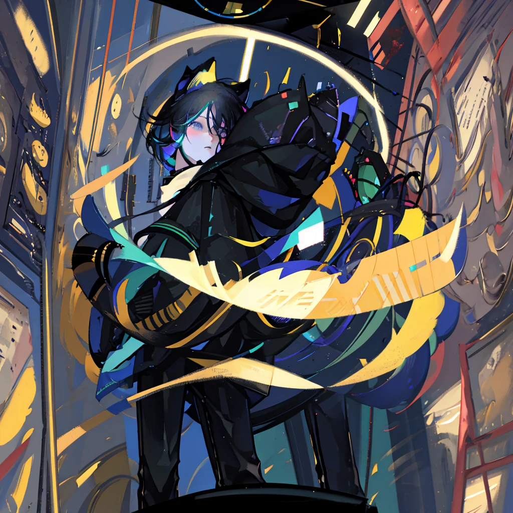1cat boy, anime cat boy with black cat ears black hair and black pants and a black jacket, blue eyes, high res, masterpiece, tall, steraming, steraming game, in the room, play computer, play games