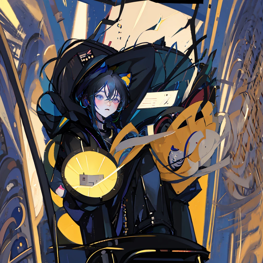 1cat boy, anime cat boy with black cat ears black hair and black pants and a black jacket, blue eyes, high res, masterpiece, tall, steraming, steraming game, in the room, play computer, play games