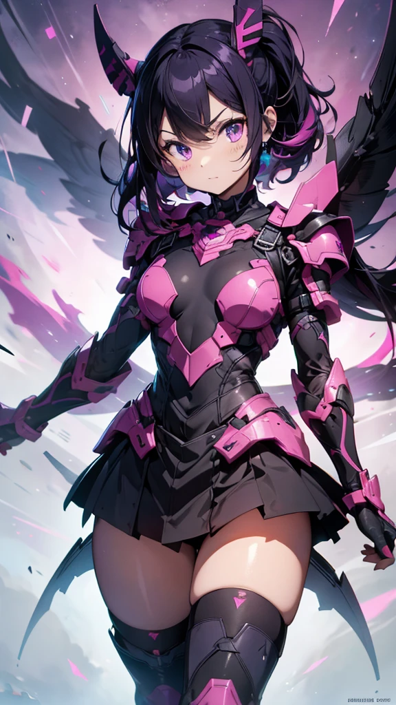 ### armor:
- **color principal:** bright pink.
- **dark sections:** Parts of the armor are a dark purple, specifically on the shoulders, forearms, elbows, upper and lower chest, and knees.
- **Design:** tight to the body, covering from neck to toe. The armor features a segmented design with lines and sections that appear to provide flexibility and additional protection.
- **chest:** The upper part of the chest has two purple horizontal stripes, while the central part of the chest has three arrows pointing downwards.
- **arms:** Los hombros y forearms presentan grandes áreas de color púrpura oscuro.
- **legs:** The knees and a section at the top of the boots are dark purple.
### For the:
- **color:** bright pink, similar to main armor color.
- **Style:** Short and smooth, with bangs that fall over the forehead, partially covering one of your eyes.
### Other details:
- **gloves:** Same dark purple color as the armor sections.
- **Boots:** bright pink con detalles en púrpura oscuro.