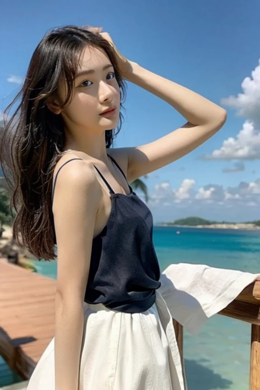 Highest quality、masterpiece、High sensitivity、High resolution、Detailed Description、Slender women、Glasseini dress、Tropical Beach、The wind is blowing、Skirt flip、
