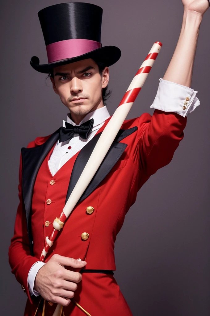 I need a circus magician from the 90s, with the right arm stretched out holding his top hat and the left arm with the elbow bent towards the top hat with a magic wand 